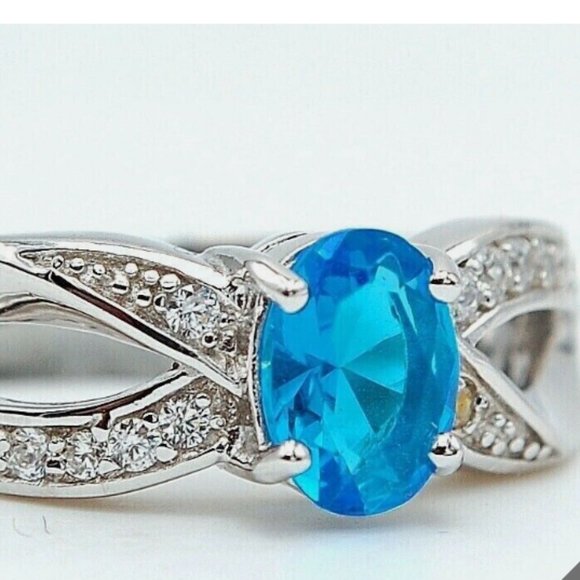 1Ct Blue Topaz &  White Topaz Sterling Silver Ring Size 8 - Picture 2 of 2